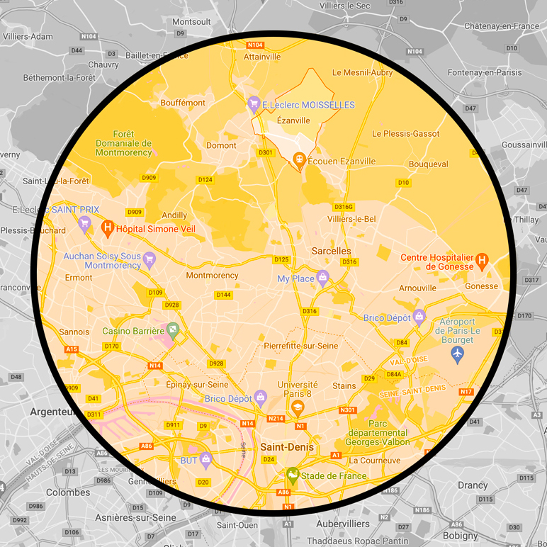 Carte Île-de-France, 95 et 93, livraison possible, Sarcelles, Ezanville, Argenteuil, Saint-Denis, Pierrefitte, Montmorency, Montmagny..